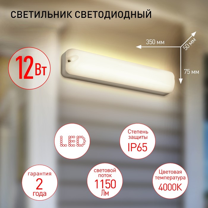 

Светильник ЖКХ светодиодный Эра SPB-1, 350х75х50 мм, IP65, Led, 12Вт, 1080Лм, 4000К, цвет белый