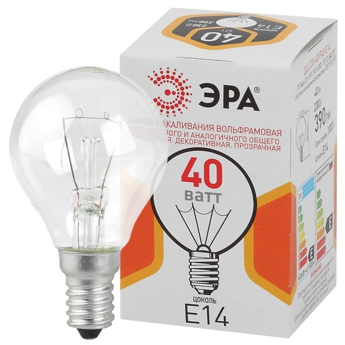 Лампа Эра «Шар» P45, Е14, 40 Вт, 390Лм лампа светодиодная энергосберегающая эра е14 2700k теплый свет шар p45 5 вт