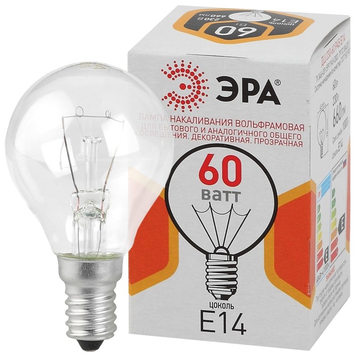 Лампа Эра «Шар» P45, Е14, 60 Вт, 660Лм лампа светодиодная энергосберегающая эра е14 2700k теплый свет шар p45 5 вт
