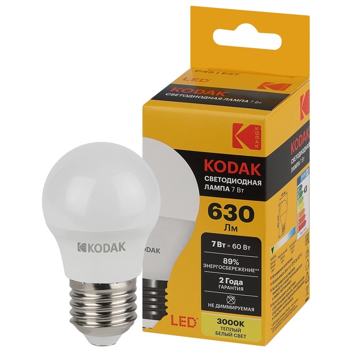 

Лампа светодиодная Kodak «Шар», 7 Вт, E27, 630 Лм, 3000К, свечение тёплое белое