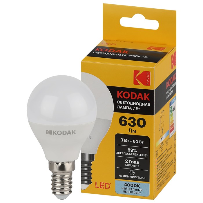 

Лампа светодиодная Kodak «Шар», 7 Вт, E14, 630 Лм, 4000К, свечение белое