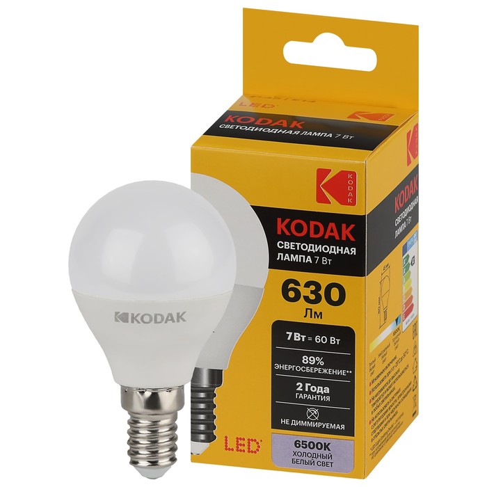 

Лампа светодиодная Kodak «Шар», 7 Вт, E14, 630 Лм, 6500К, свечение холодное белое