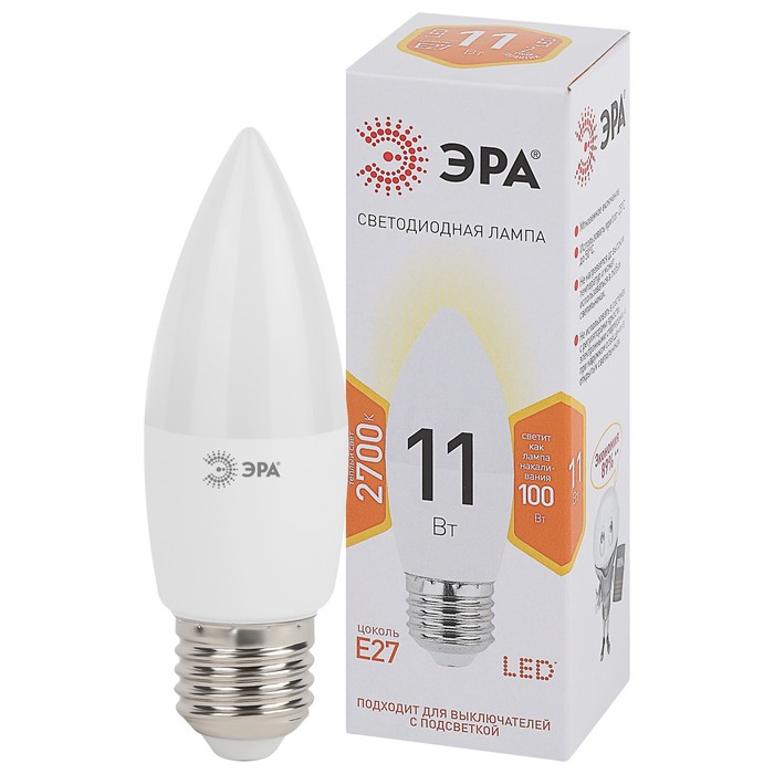 Лампа светодиодная Эра Standard «Свеча», 11 Вт, Е27, 880 Лм, 2700К, свечение тёплое белое