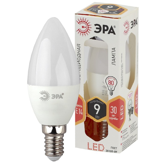 Лампа светодиодная Эра Standard «Свеча», 9 Вт, Е14, 720 Лм, 2700К, свечение тёплое белое