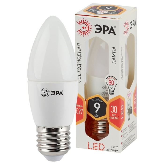 Лампа светодиодная Эра Standard «Свеча», 9 Вт, Е27, 720 Лм, 2700К, свечение тёплое белое