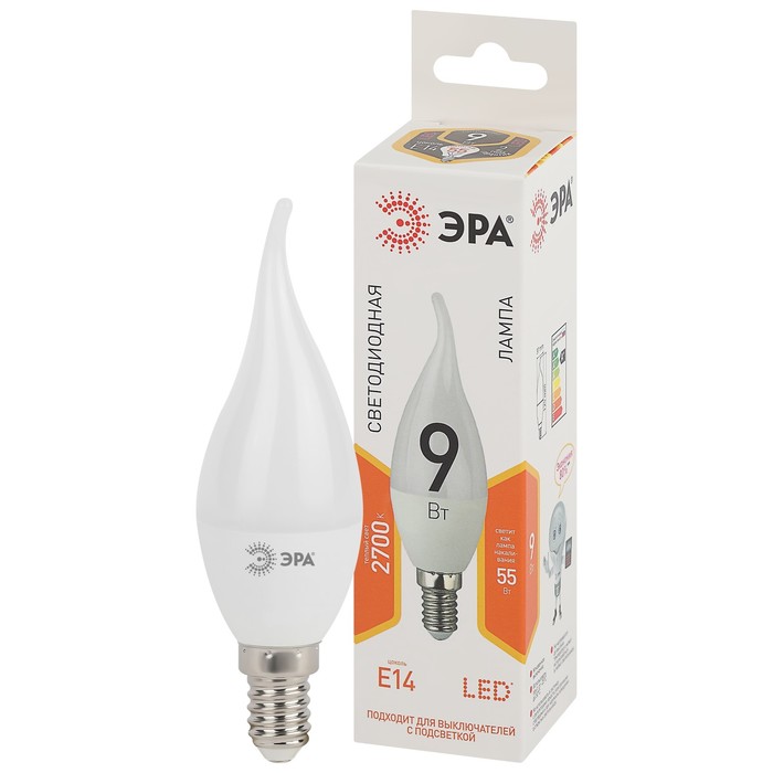 Лампа светодиодная Эра Standard «Свеча на ветру», 9 Вт, Е14, 720 Лм, 2700К, свечение тёплое белое