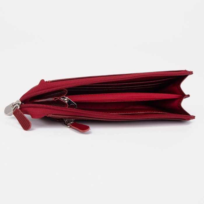 Кошелек женский на молнии, 2 отдела, для карт, для монет, наружный карман, игуана, цвет красный
