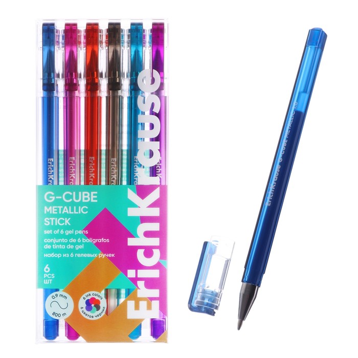 Набор ручек гелевых 6 цветов ErichKrause G-Cube Stick Metallic игольчатый узел 10 мм металик микс 389₽