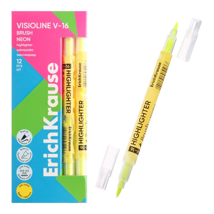 Маркер текстовыделитель 0,5-3.5 мм ErichKrause Visioline V-16 Brush Neon, двухсторонний, желтый неон, чернила на водной основе