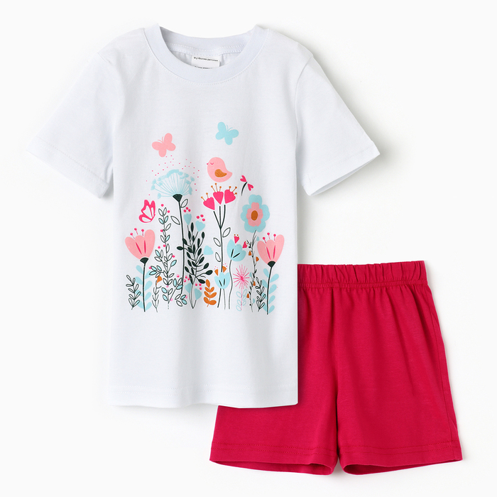 Комплект для девочки (футболка/шорты) Цветы, цвет белый/персиковый, рост 104-110