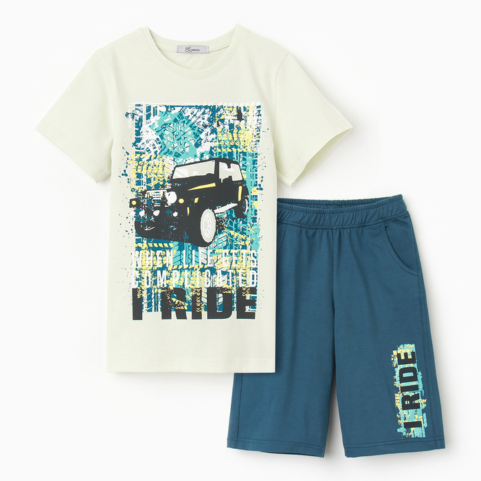 Комплект для мальчика (футболка, шорты), цвет слоновая кость/морская волна, рост 104