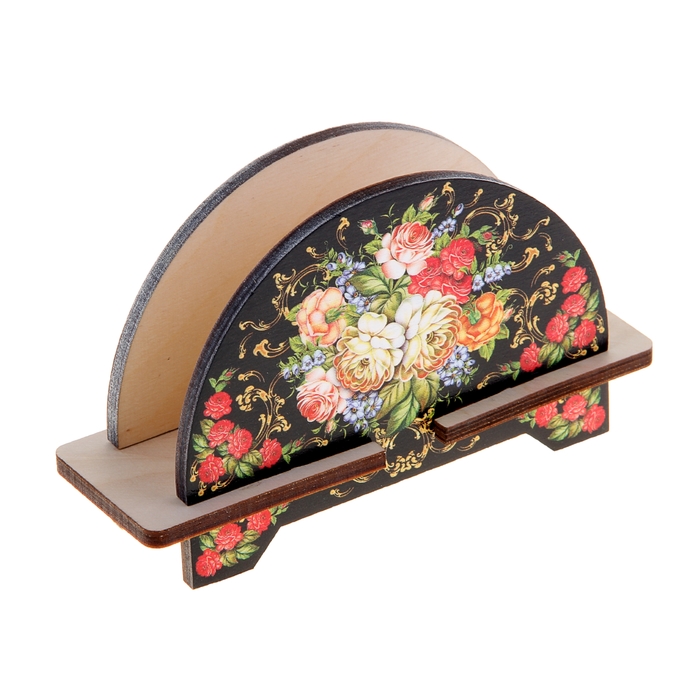 Салфетница «Букет», жостово, вид 1, овальная, чёрный фон, 11х10 см