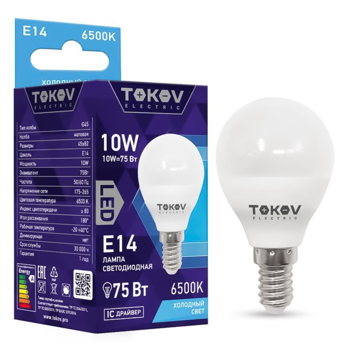 

Лампа светодиодная Tokov Electric, E14, 10 Вт, 6500 К, свечение холодное белое