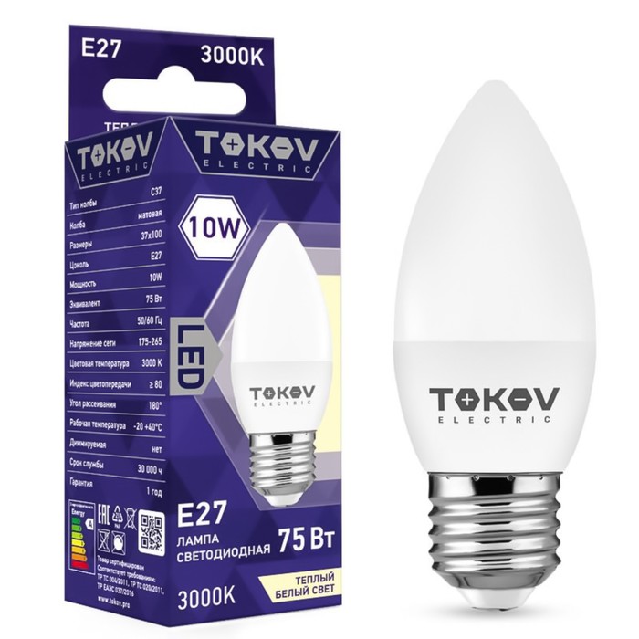 

Лампа светодиодная Tokov Electric, E27, 10 Вт, 3000 К, свечение тёплое белое