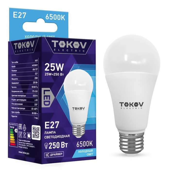 

Лампа светодиодная Tokov Electric, E27, 25 Вт, 6500 К, свечение холодное белое