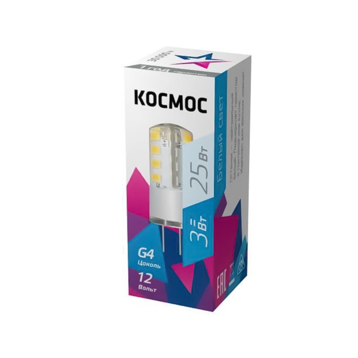 

Лампа светодиодная КОСМОС, G4, 3 Вт, 4500 К, свечение белое
