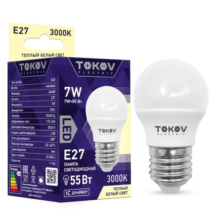 

Лампа светодиодная Tokov Electric, E27, 7 Вт, 3000 К, свечение тёплое белое