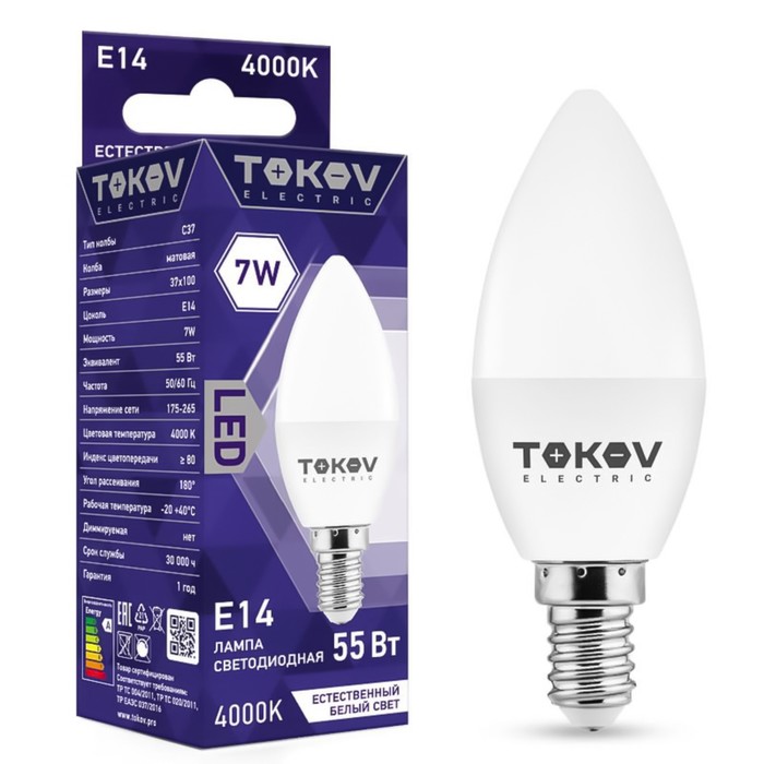 

Лампа светодиодная Tokov Electric, E14, 7 Вт, 4000 К, свечение белое