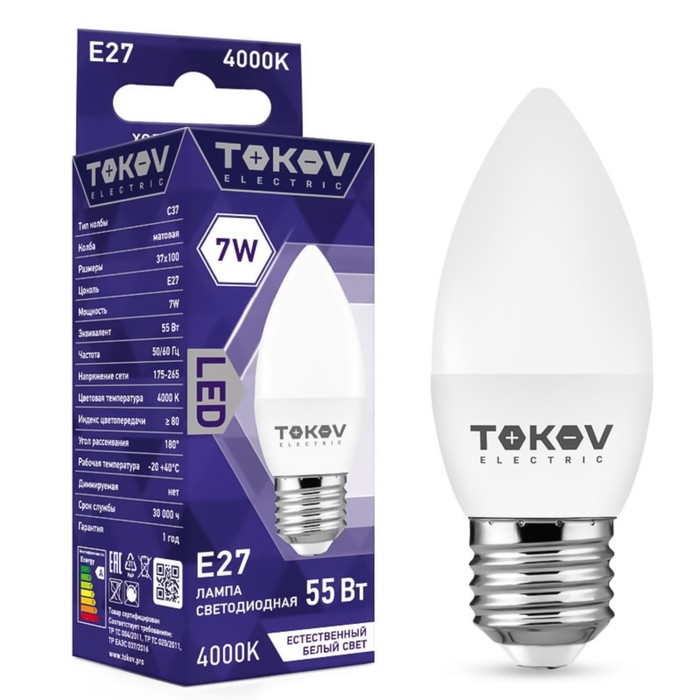 

Лампа светодиодная Tokov Electric, E27, 7 Вт, 4000 К, свечение белое
