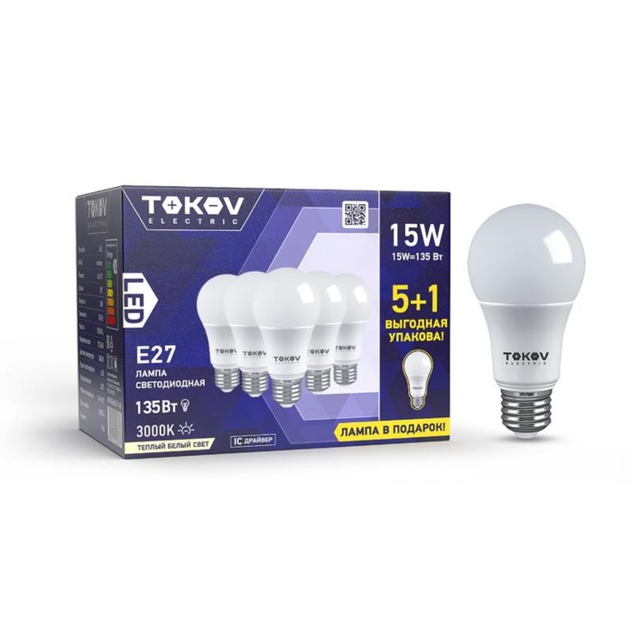 

Лампа светодиодная Tokov Electric, E27, 15 Вт, 3000 К, свечение тёплое белое