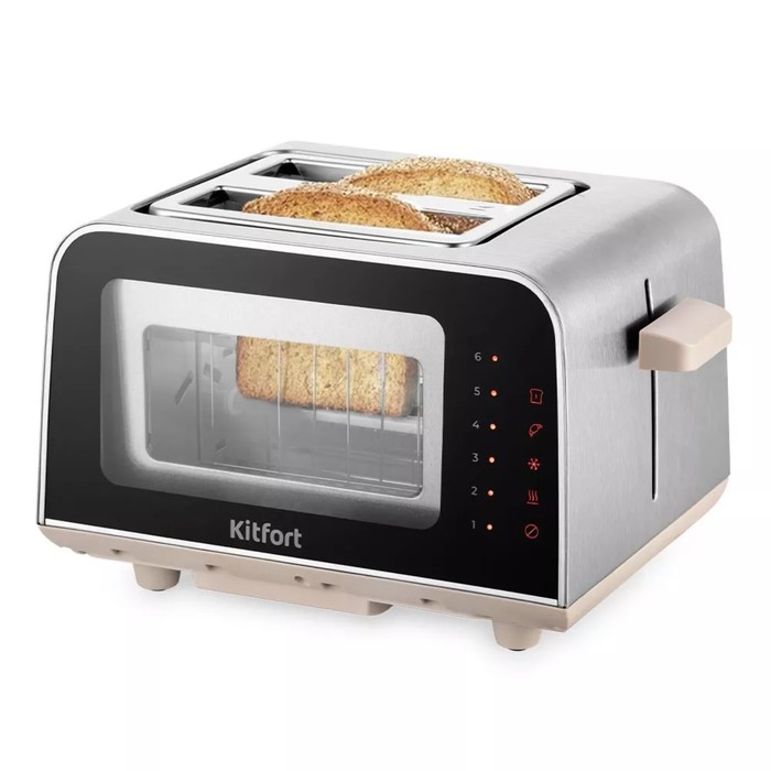 Тостер Kitfort КТ-6060, 1100 Вт, 6 режимов прожарки, 2 тоста, серебристо-бежевый тостер kitfort кт 6027 820 вт 6 режимов прожарки 2 тоста серебристо жёлтый