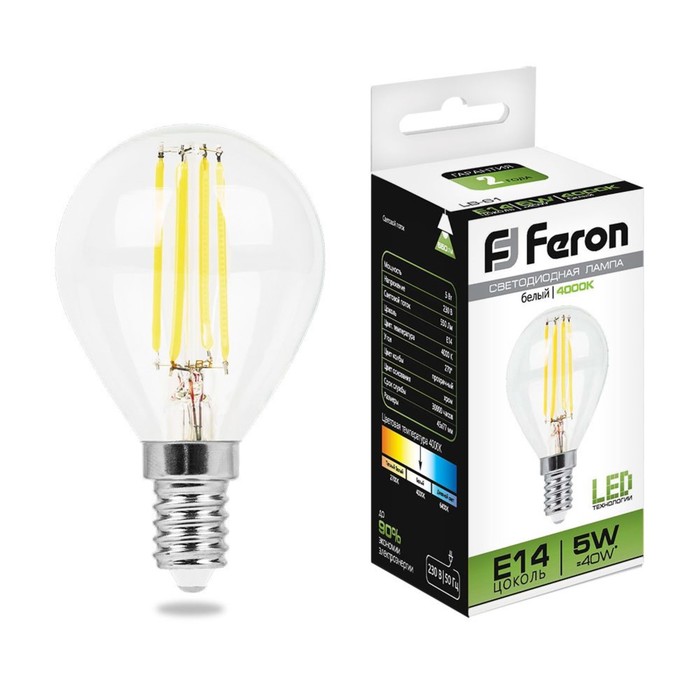 

Лампа светодиодная Feron, E14, 5 Вт, 230 В, белый свет