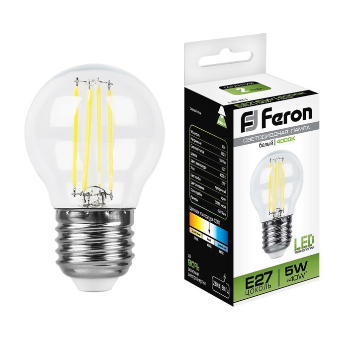 

Лампа светодиодная Feron, E27, 5 Вт, 230 В, белый свет