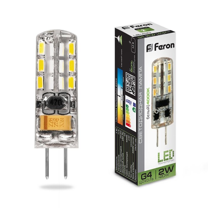 Лампа светодиодная Feron, G4, 2 Вт, 12 В, белый свет светодиодная лампа g4 12 в 2 вт 9 smd5630 140 лм светодиодная лампа g4 12 в бесплатная доставка 10 шт