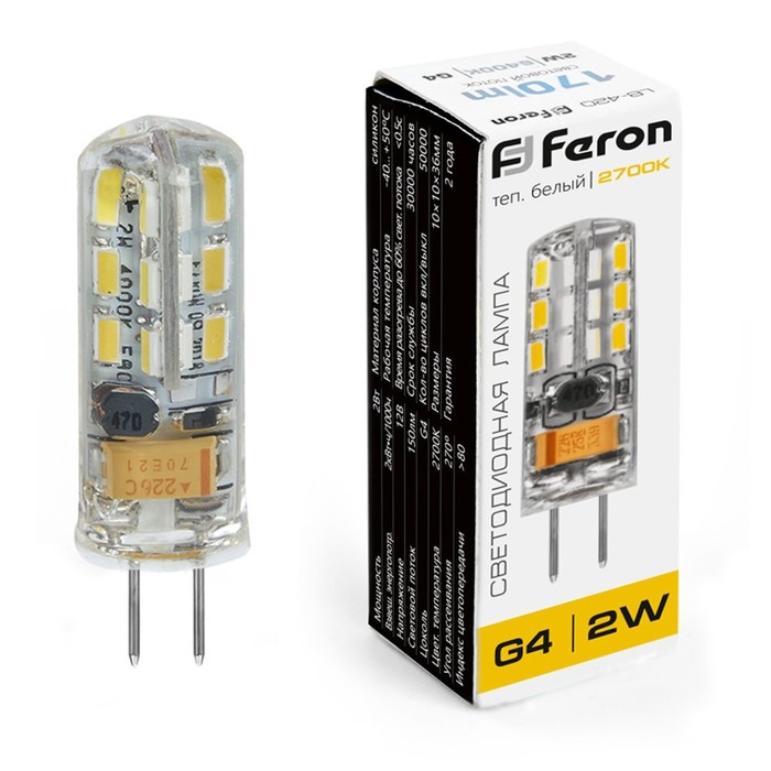 Лампа светодиодная Feron, G4, 2 Вт, 12 В, белый теплый свет светодиодная лампа g4 12 в 2 вт 9 smd5630 140 лм светодиодная лампа g4 12 в бесплатная доставка 10 шт