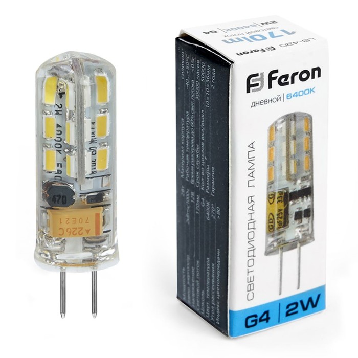 Лампа светодиодная Feron, G4, 2 Вт, 12 В, дневной свет светодиодная лампа g4 12 в 2 вт 9 smd5630 140 лм светодиодная лампа g4 12 в бесплатная доставка 10 шт