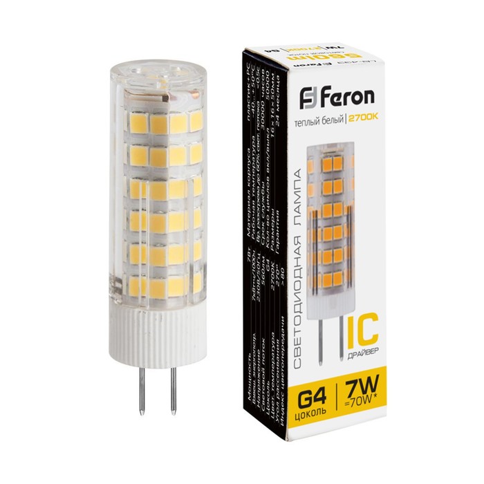 Лампа светодиодная Feron, G4, 7 Вт, 175-265 В, белый теплый свет лампа светодиодная feron gu10 7 вт 175 265 в белый теплый свет