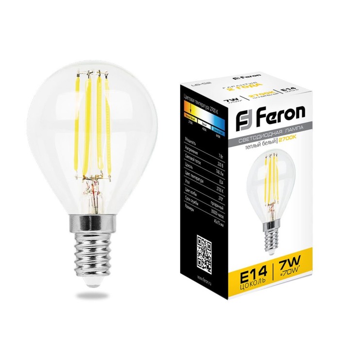 

Лампа светодиодная Feron, E14, 7 Вт, 230 В, белый теплый свет
