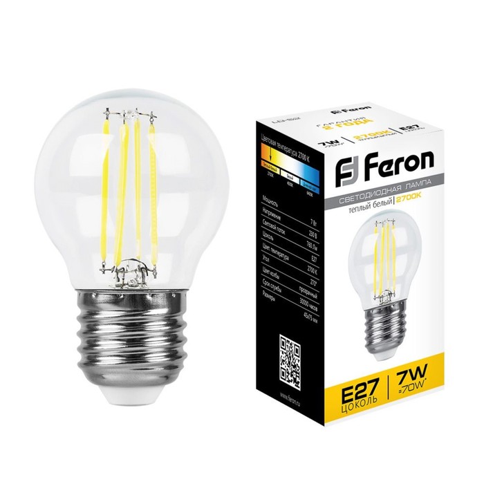 

Лампа светодиодная Feron, E27, 7 Вт, 230 В, белый теплый свет