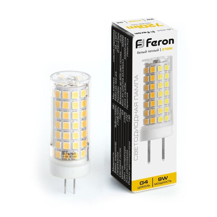 

Лампа светодиодная Feron, G4, 9 Вт, 175-265 В, белый теплый свет