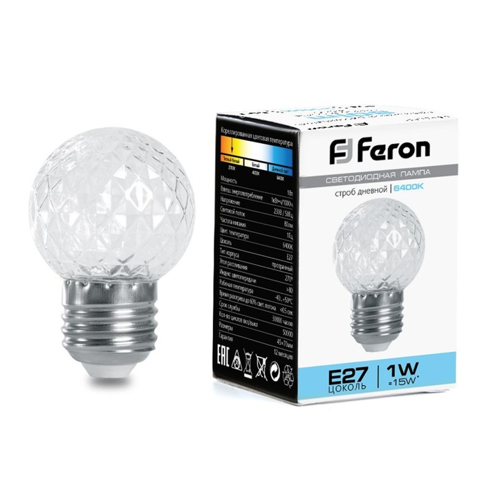 

Лампа светодиодная Feron, E27, 1 Вт, 230 В, дневной свет