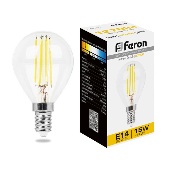 

Лампа светодиодная Feron, E14, 15 Вт, 230 В, белый теплый свет