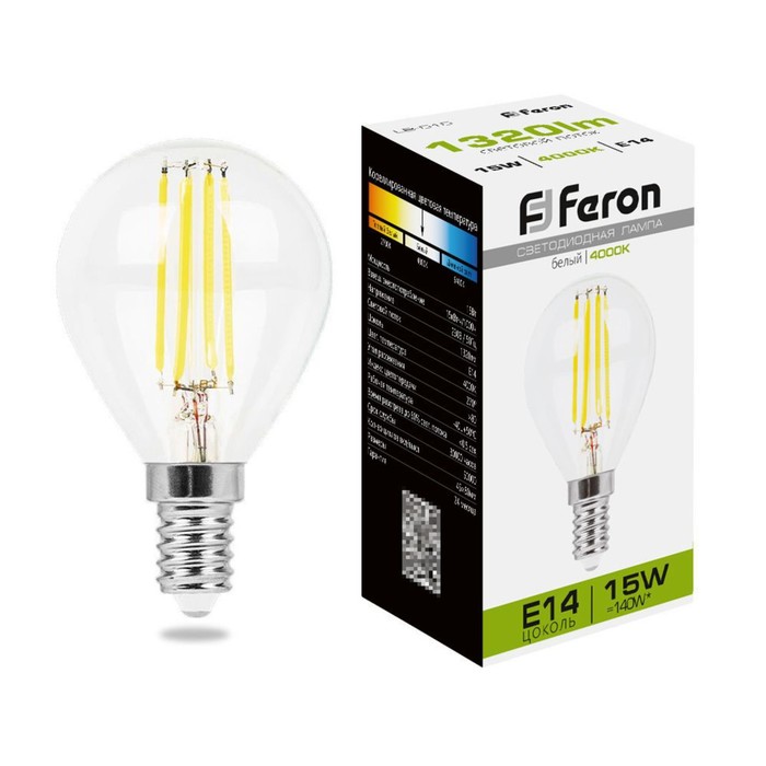 

Лампа светодиодная Feron, E14, 15 Вт, 230 В, белый свет