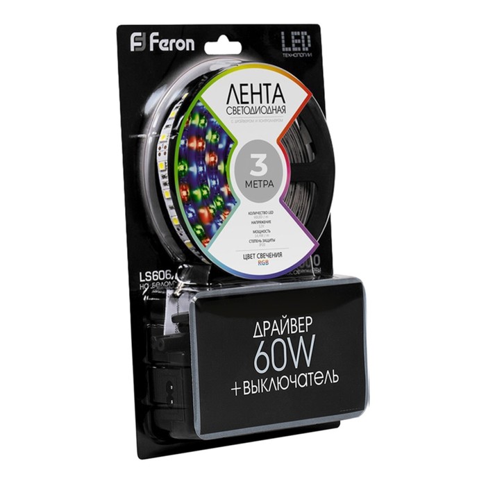 Светодиодная лента Feron 3 м, IP20, SMD5050, 60 LED/м, 14,4 Вт/м, 12 В, свечение RGB