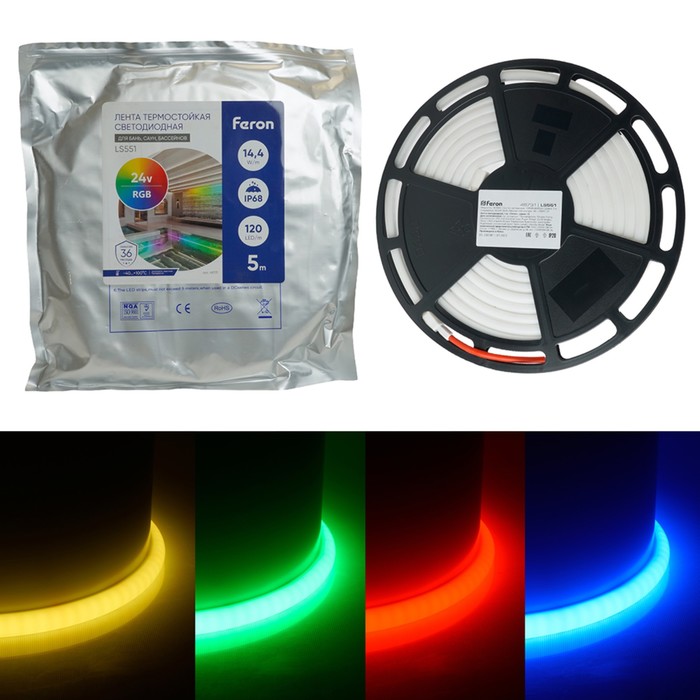 

Гибкий неон Feron 5 м, IP68, SMD4040, 120 LED/м, 14,4 Вт/м, 24 В, свечение RGB