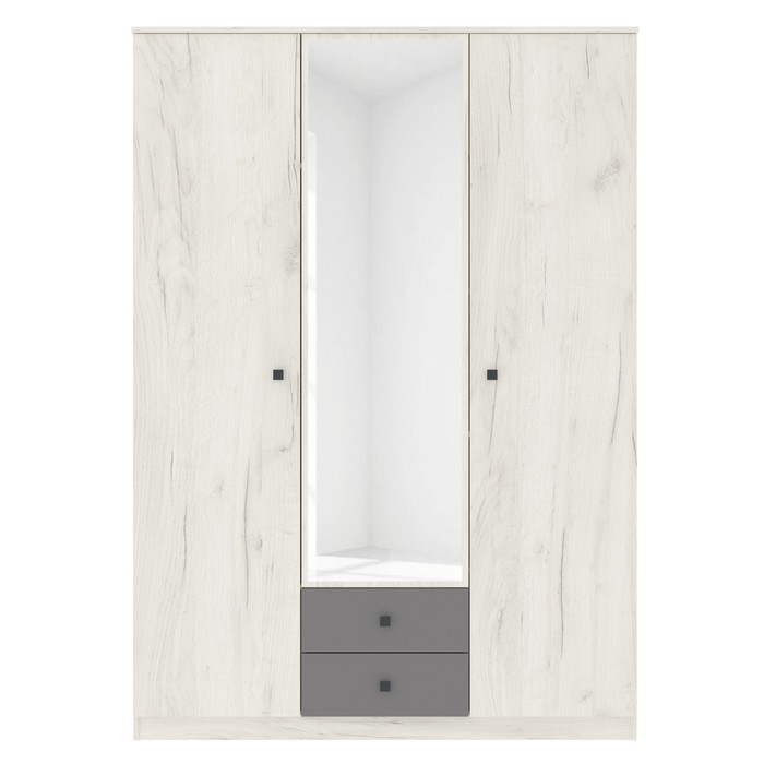 Шкаф «Люсси», 1504×588×2120 мм, 3 двери, 2 ящика, зеркало, дуб крафт белый / шифер серый