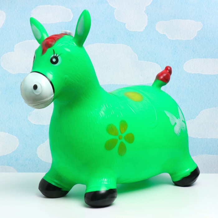 надувная лошадка попрыгун музыкальная зеленая детский прыгунок попрыгун для детей Попрыгун Лошадка музыкальная 50х30см зеленая