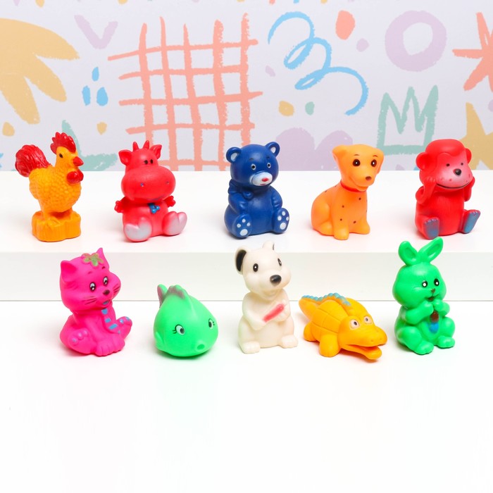 Набор игрушек-пищалок для ванны Животные 10см, 10шт цена и фото