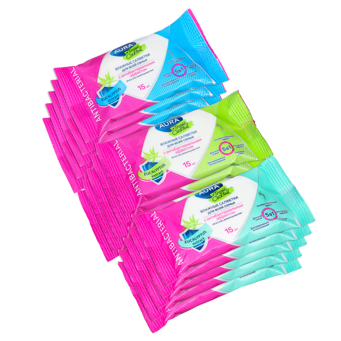 

Салфетки влажные Aura Tropic Cocktail c антибактериальным эффектом, 15 упаковок по 15 шт