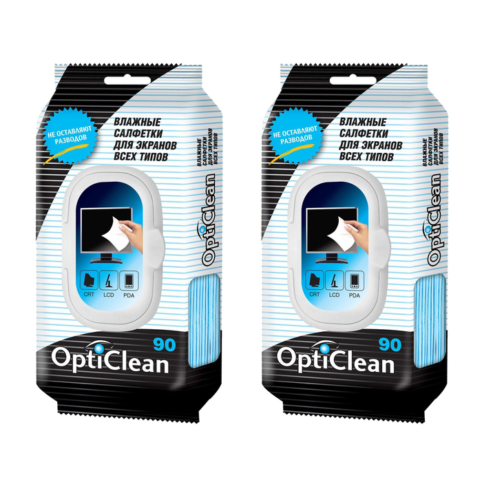 Влажные салфетки OptiClean для экранов, 2 упаковки по 90 шт салфетки для оптики влажные opticlean 20 шт