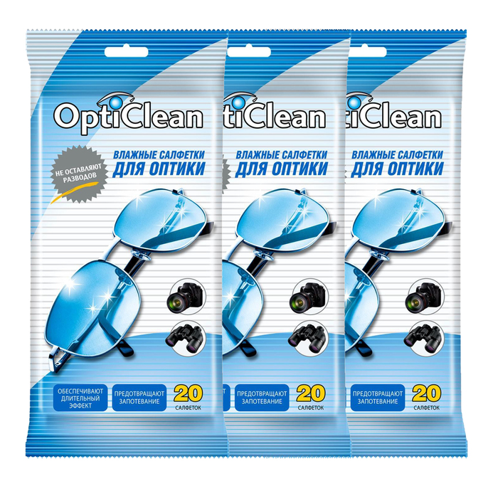 цена Влажные салфетки OptiClean» для оптики, 3 упаковок по 20 шт
