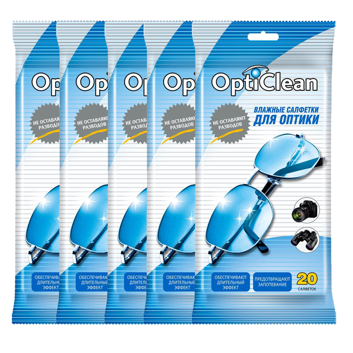 цена Влажные салфетки OptiClean» для оптики, 5 упаковок по 20 шт