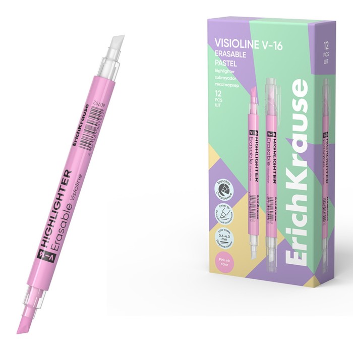 Двухсторонний маркер текстовыделитель 4 мм ErichKrause Visioline V-16 Erasable Pastel цвет розовый 61₽