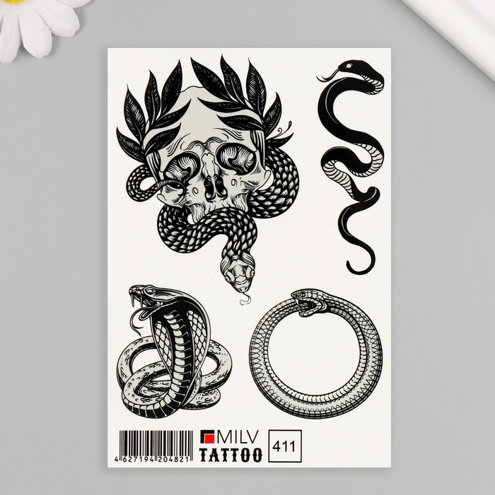 Татуировка на тело Змея, череп 10х15 см цена и фото
