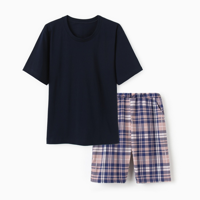 Пижама мужская (футболка/шорты), цвет синий/клетка, размер 52