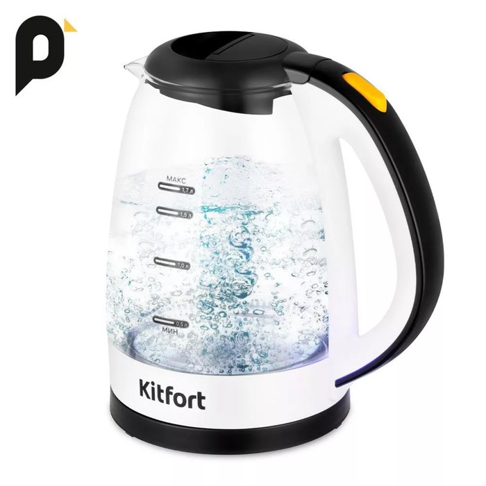 Чайник электрический Kitfort КТ-6637, стекло, 1.7 л, 2200 Вт, чёрно-белый чайник электрический kitfort кт 639 2 металл 0 6 л 1150 вт чёрно синий